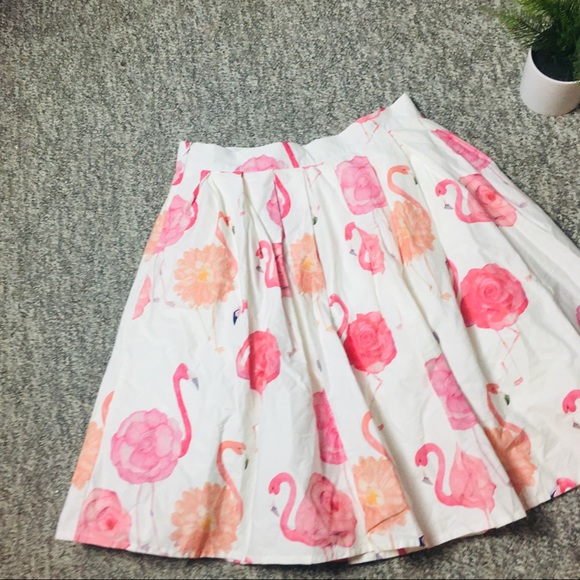Chicwish White Pink Flamingo Knee Length Print Pleated A-line Midi Skirt Medium - Picture 6 of 16